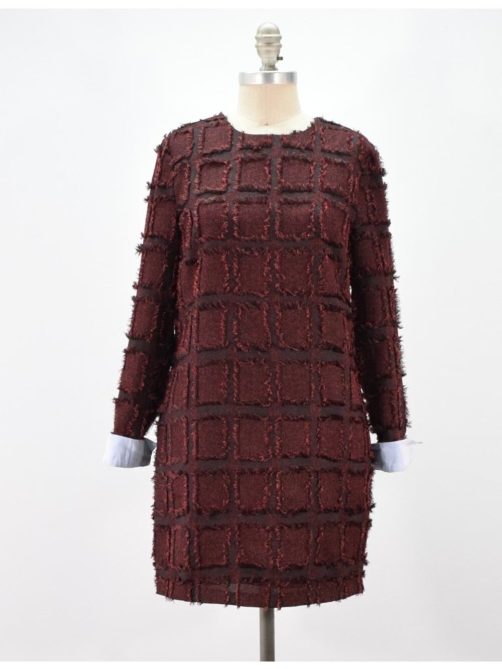 English Factory Burgundy Red Tweed Fringe Mini Shift Dress
